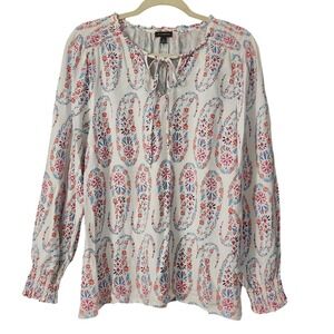 Talbots Women's White Paisley Floral Smocked Cuff Blouse, Large